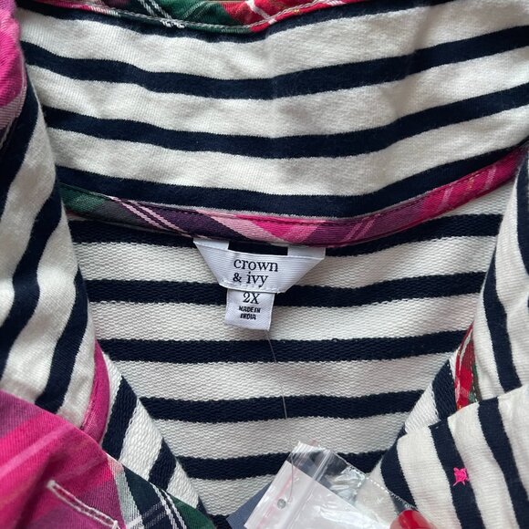 Crown & Ivy 2X Striped Funnel-Neck Pullover w/ Plaid Trim – Holiday Cozy - Picture 4 of 6